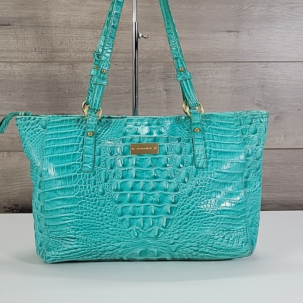 "Brahmin Bright Teal Croc-Embossed Tote Shoulder Bag - Picture 2 of 16